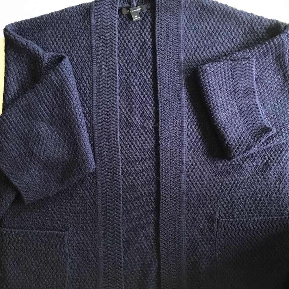 Wool Alpaca Blend Knit Open-Front Pockets Cardigan Sweater Navy Classic Polished